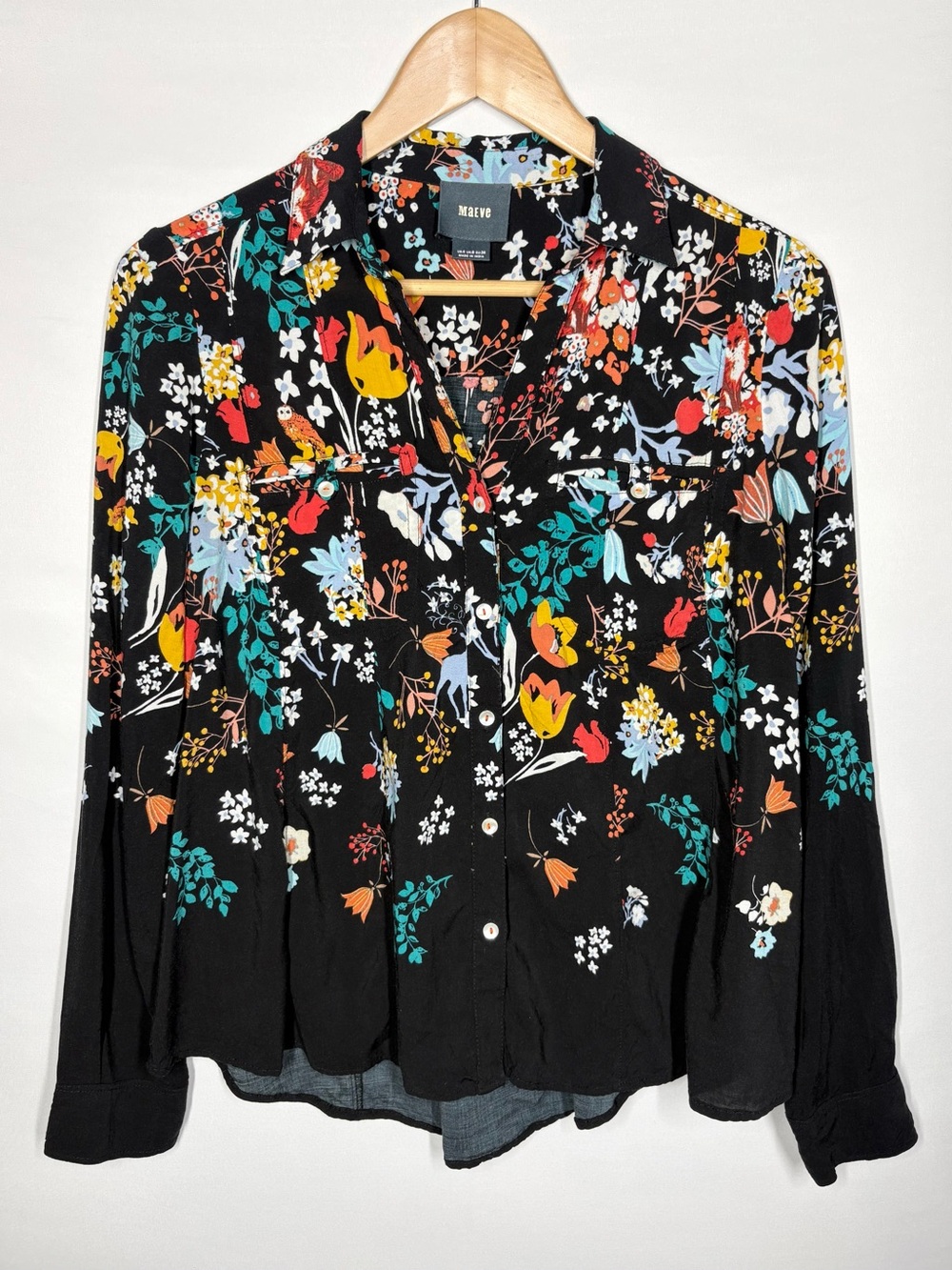 Anthropologie MAEVE Black Floral Button-Up Long Sleeve Blouse. Size 4